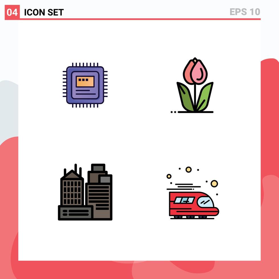 grupo de 4 signos y símbolos de colores planos de línea rellena para elementos de diseño vectorial editables de lugar de flor de hardware de construcción de cpu vector