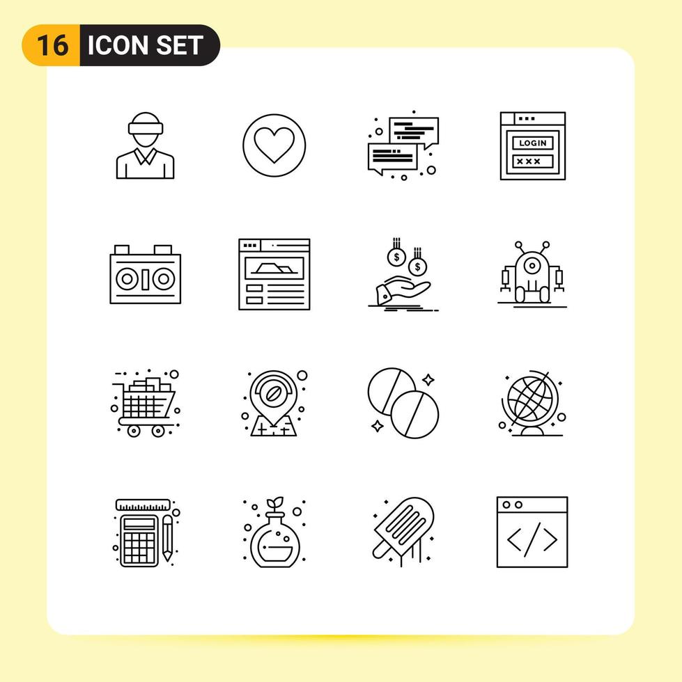 Set of 16 Vector Outlines on Grid for web security password cack internet message Editable Vector Design Elements
