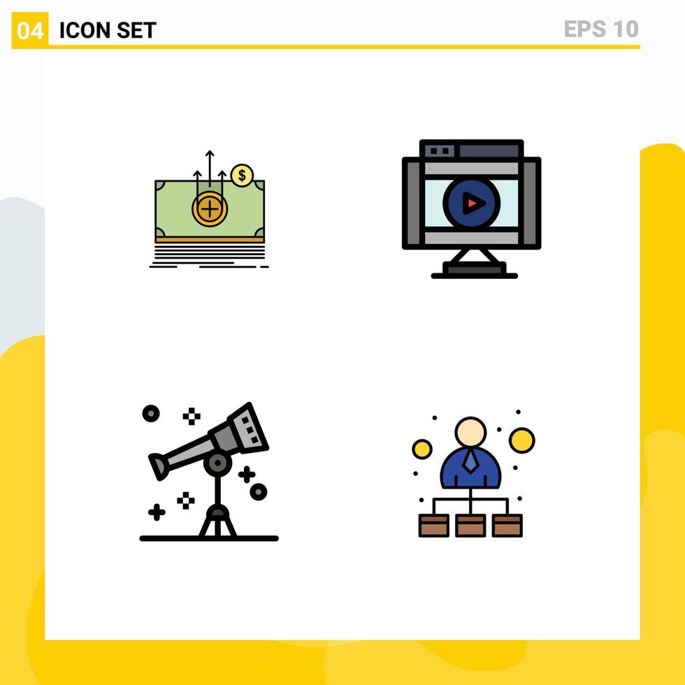 Modern Set of 4 Filledline Flat Colors and symbols such as money astronomy transfer multimedia space Editable Vector Design Elements