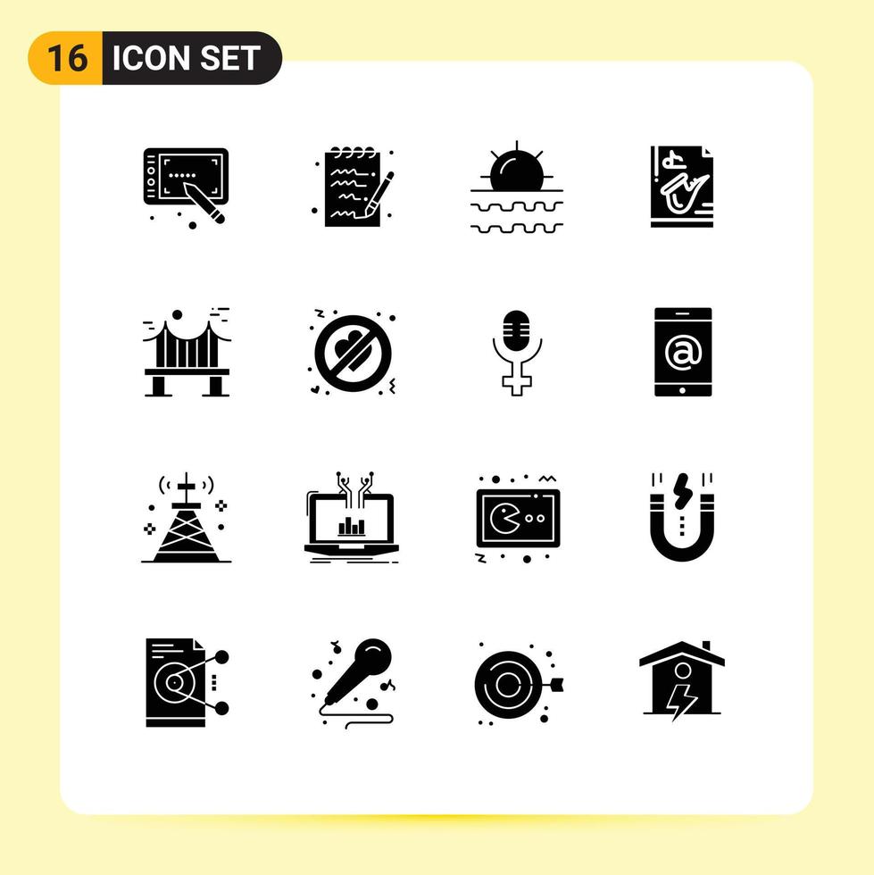 Universal Icon Symbols Group of 16 Modern Solid Glyphs of bridge saxophone sun play instrument Editable Vector Design Elements