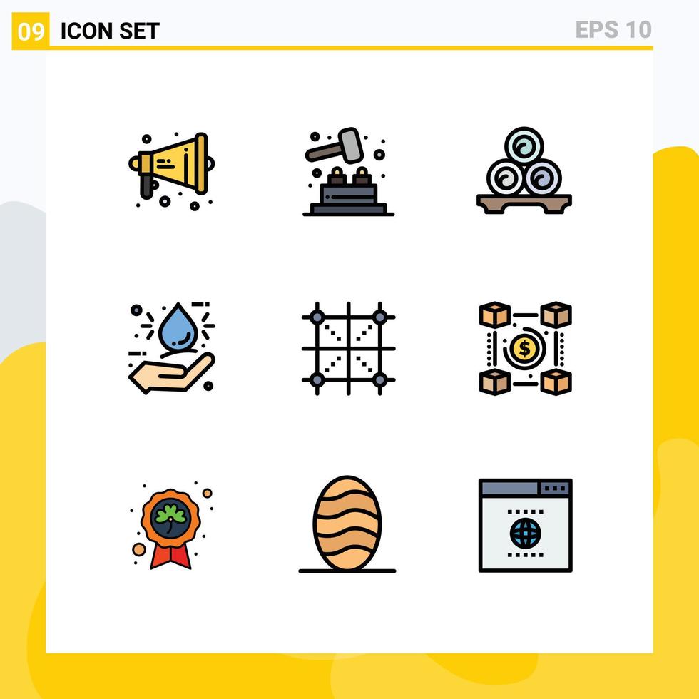 Mobile Interface Filledline Flat Color Set of 9 Pictograms of design hand relax eco bio Editable Vector Design Elements
