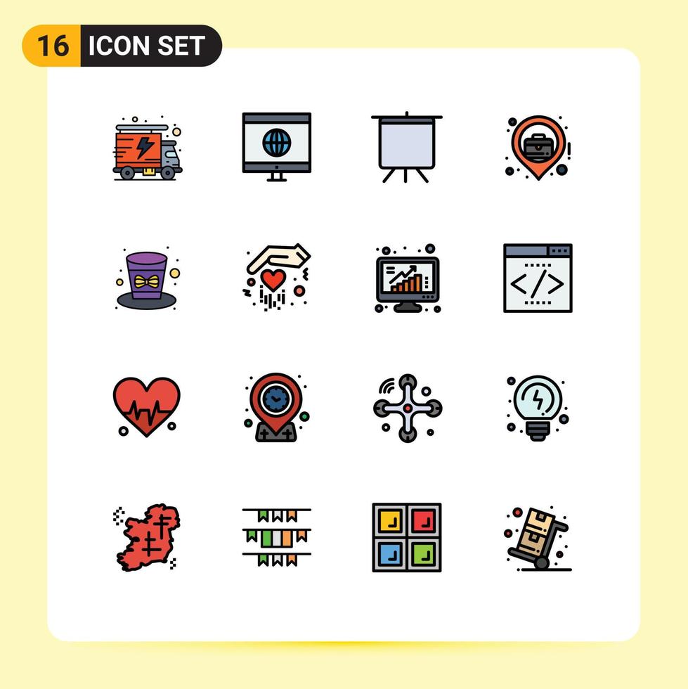 Mobile Interface Flat Color Filled Line Set of 16 Pictograms of gift hat presentation festival business location Editable Creative Vector Design Elements