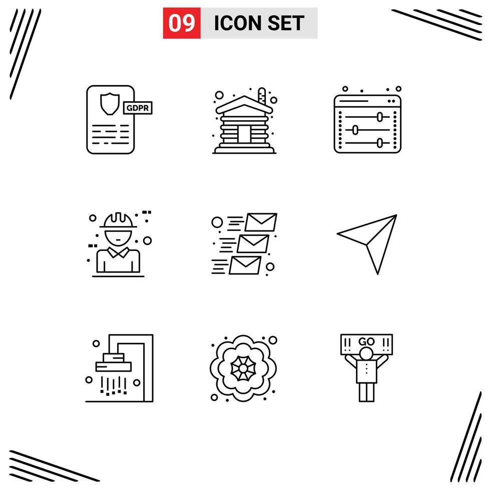 Group of 9 Modern Outlines Set for email concept equalizer character architecture Editable Vector Design Elements