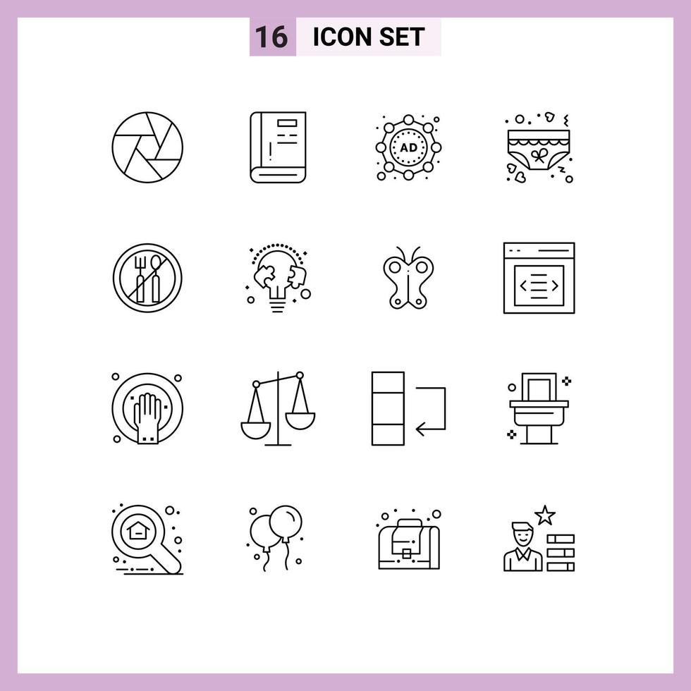 Group of 16 Modern Outlines Set for fasting underwear support underpants clothing Editable Vector Design Elements