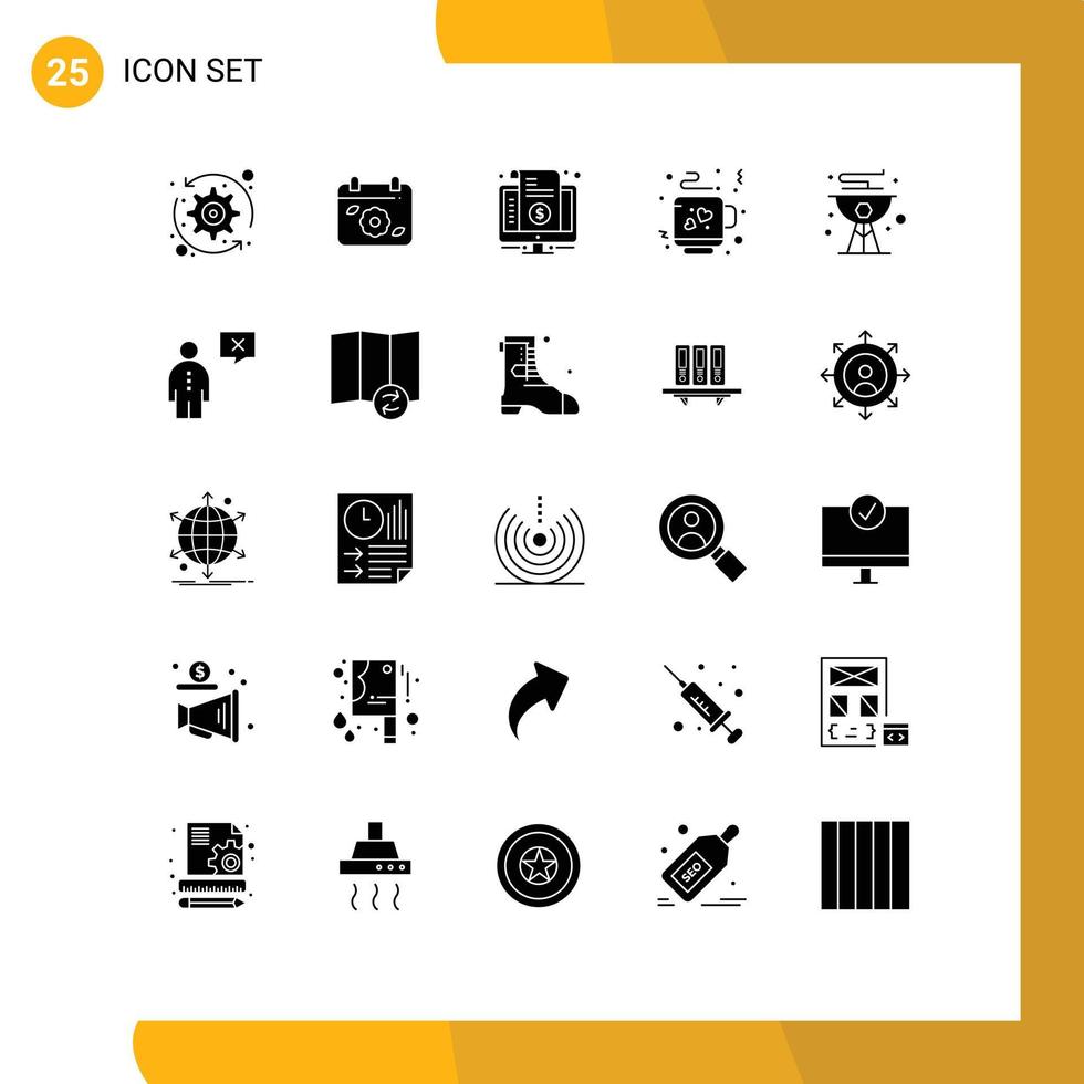 Set of 25 Vector Solid Glyphs on Grid for cook tea bill love purchase Editable Vector Design Elements