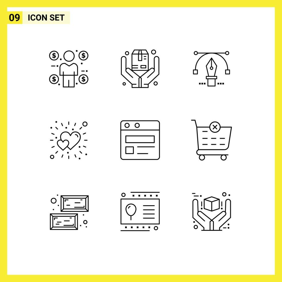 Group of 9 Modern Outlines Set for web love pen heart bright Editable Vector Design Elements