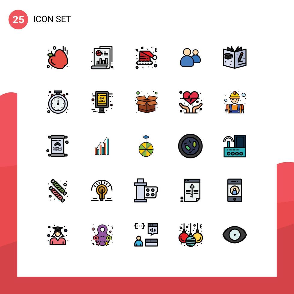 Group of 25 Filled line Flat Colors Signs and Symbols for book education hat team group Editable Vector Design Elements