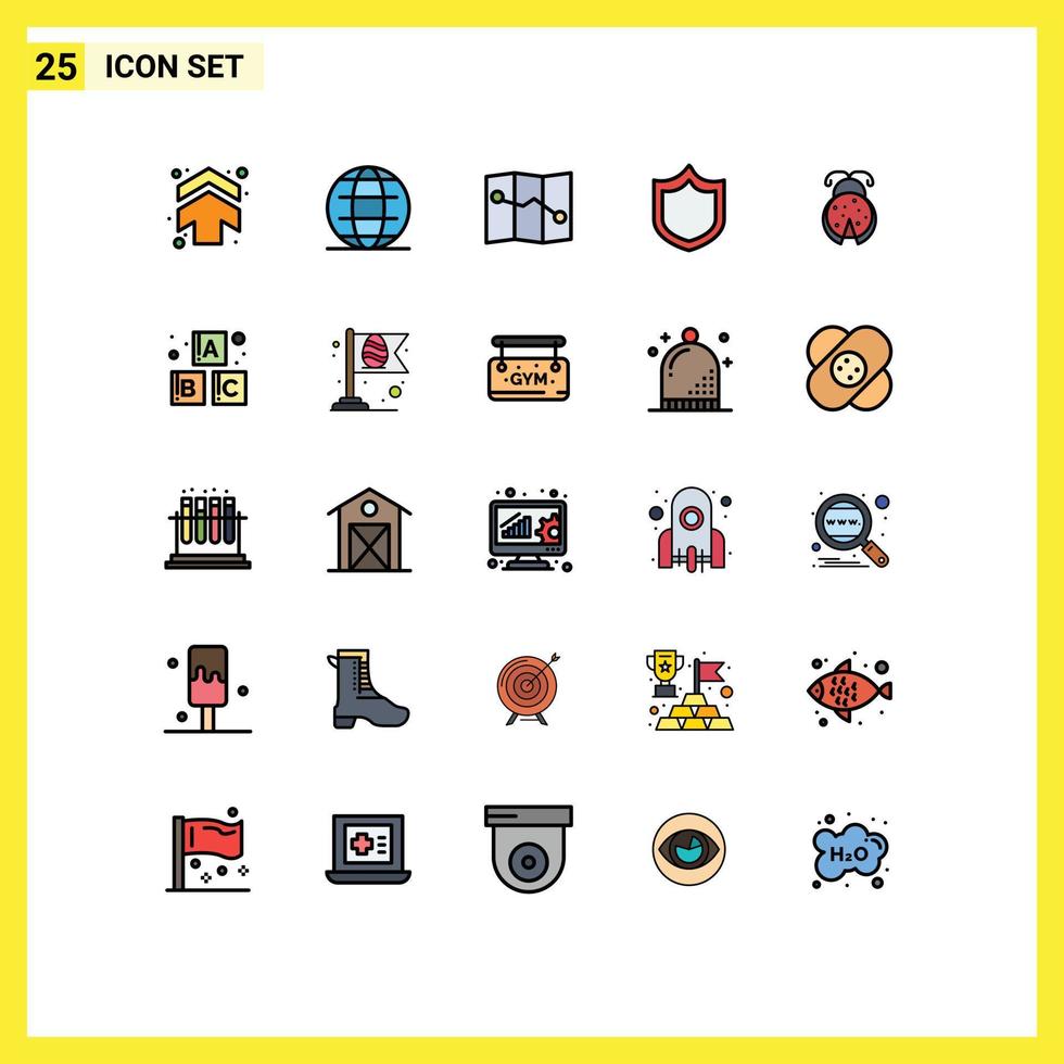 Universal Icon Symbols Group of 25 Modern Filled line Flat Colors of alphabet ladybug map insect shield Editable Vector Design Elements