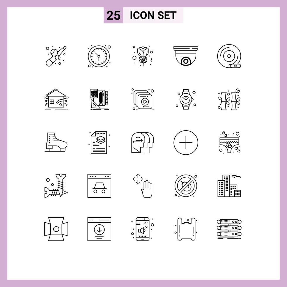 Pictogram Set of 25 Simple Lines of compact disc surveillance flower security device Editable Vector Design Elements