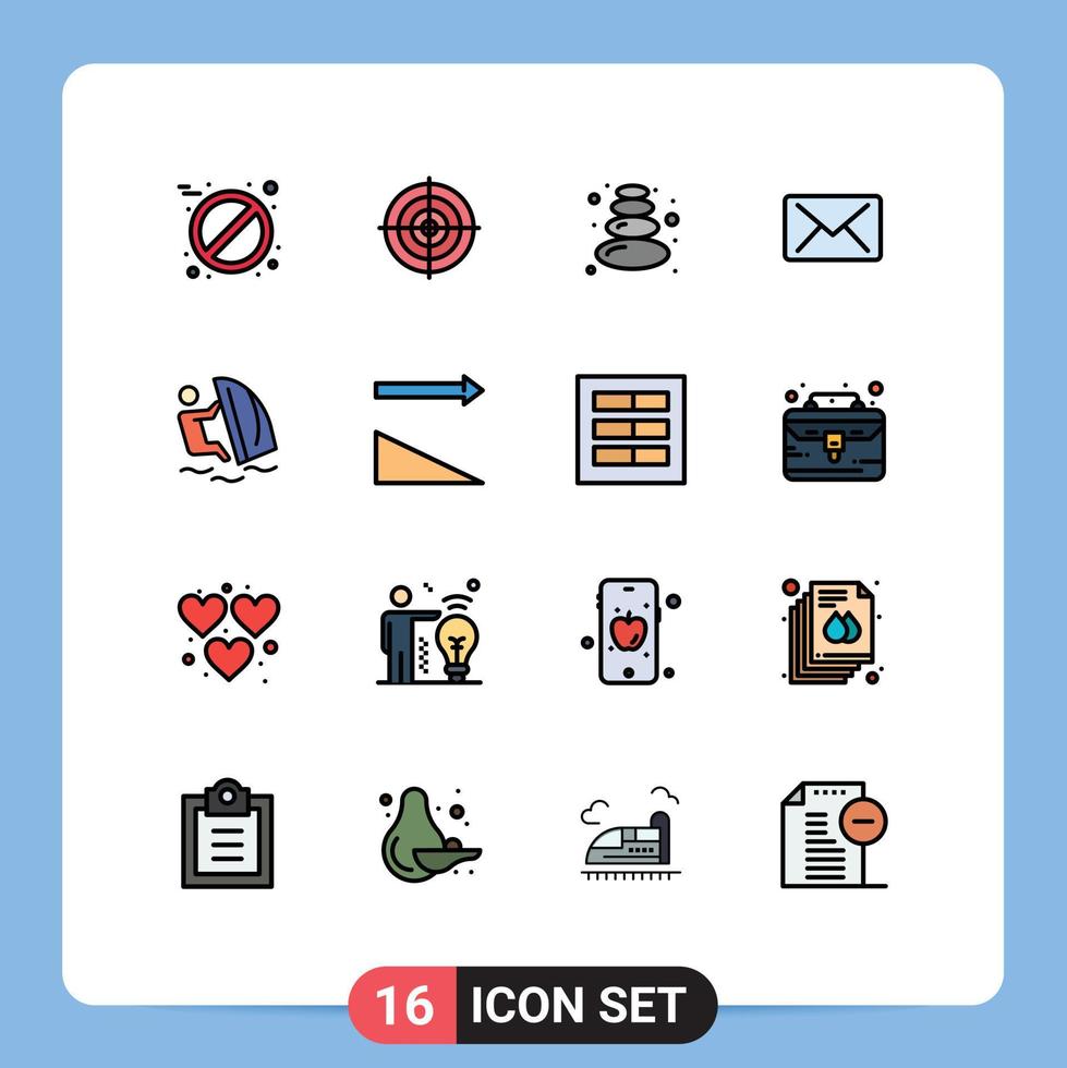 Universal Icon Symbols Group of 16 Modern Flat Color Filled Lines of wind surfing sauna surfer mail Editable Creative Vector Design Elements