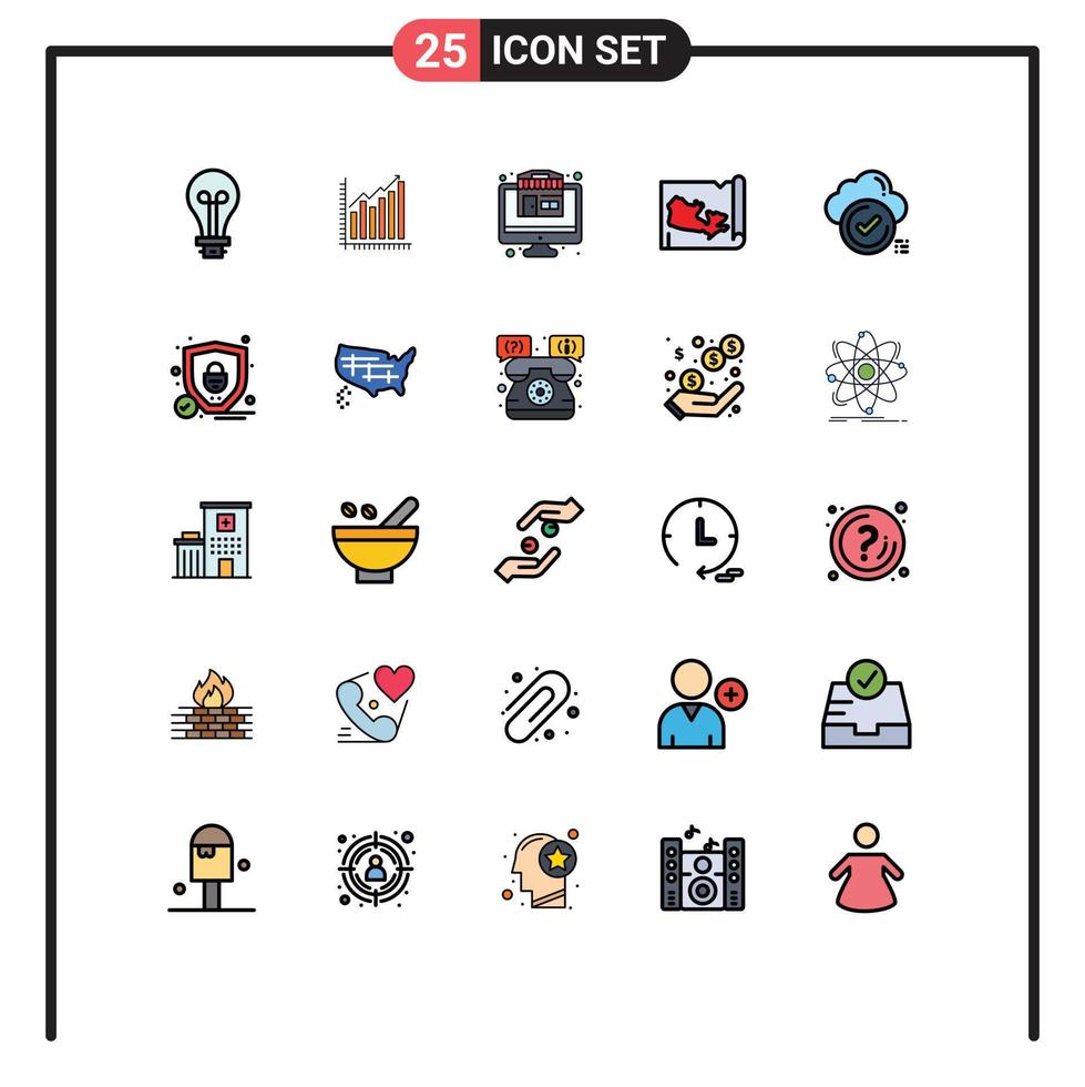 Pictogram Set of 25 Simple Filled line Flat Colors of ok world marketing map shop Editable Vector Design Elements