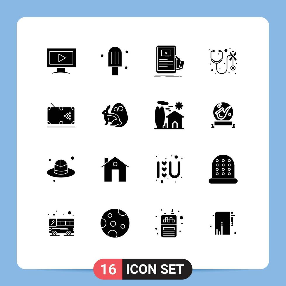 Pack of 16 Modern Solid Glyphs Signs and Symbols for Web Print Media such as table snooker webinar care stethoscope Editable Vector Design Elements