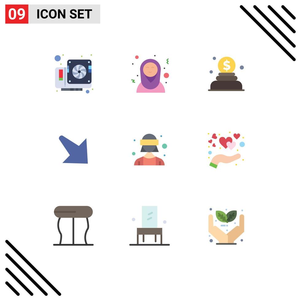 User Interface Pack of 9 Basic Flat Colors of care virtual reality donation female avatar right Editable Vector Design Elements