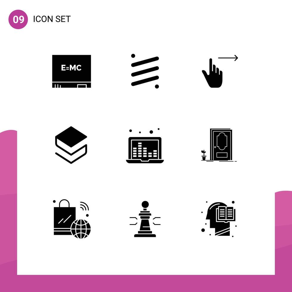 Mobile Interface Solid Glyph Set of 9 Pictograms of laptop crypto finger coin swipe Editable Vector Design Elements