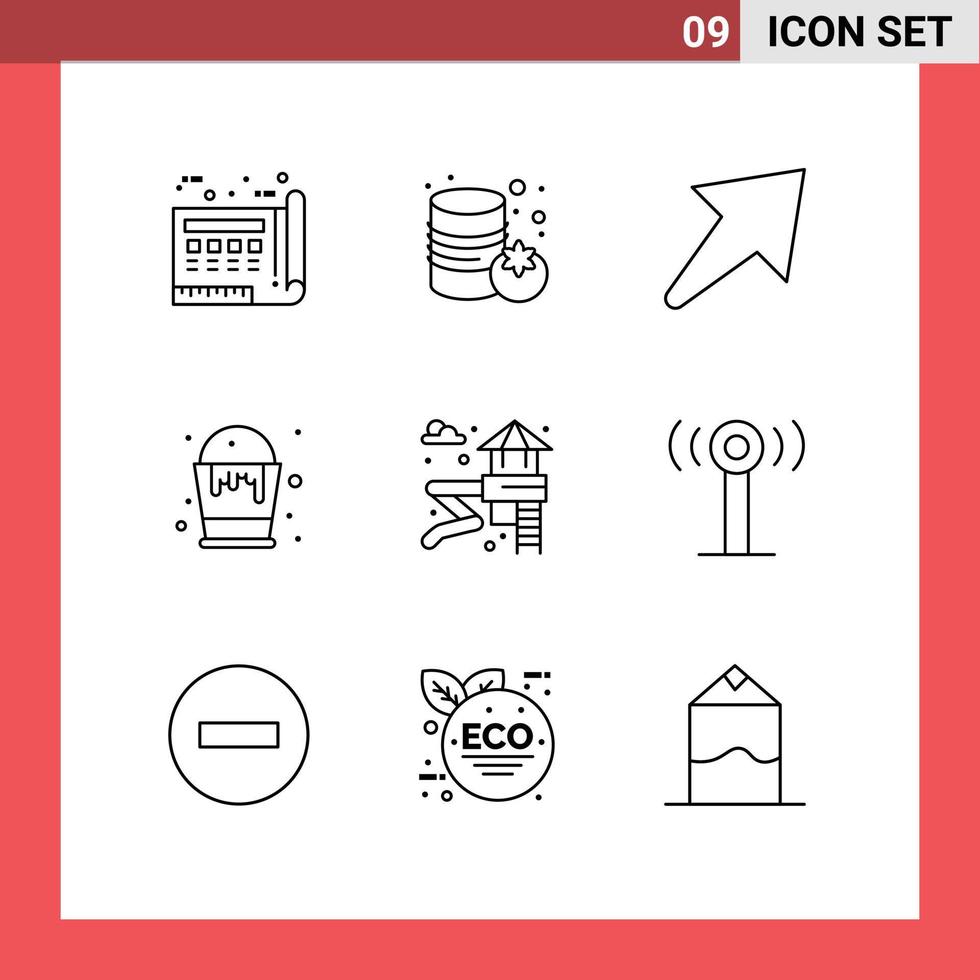 paquete de 9 signos y símbolos de contornos modernos para medios de impresión web, como elementos de diseño vectorial editables en color de artes de flecha deslizante de jardín vector