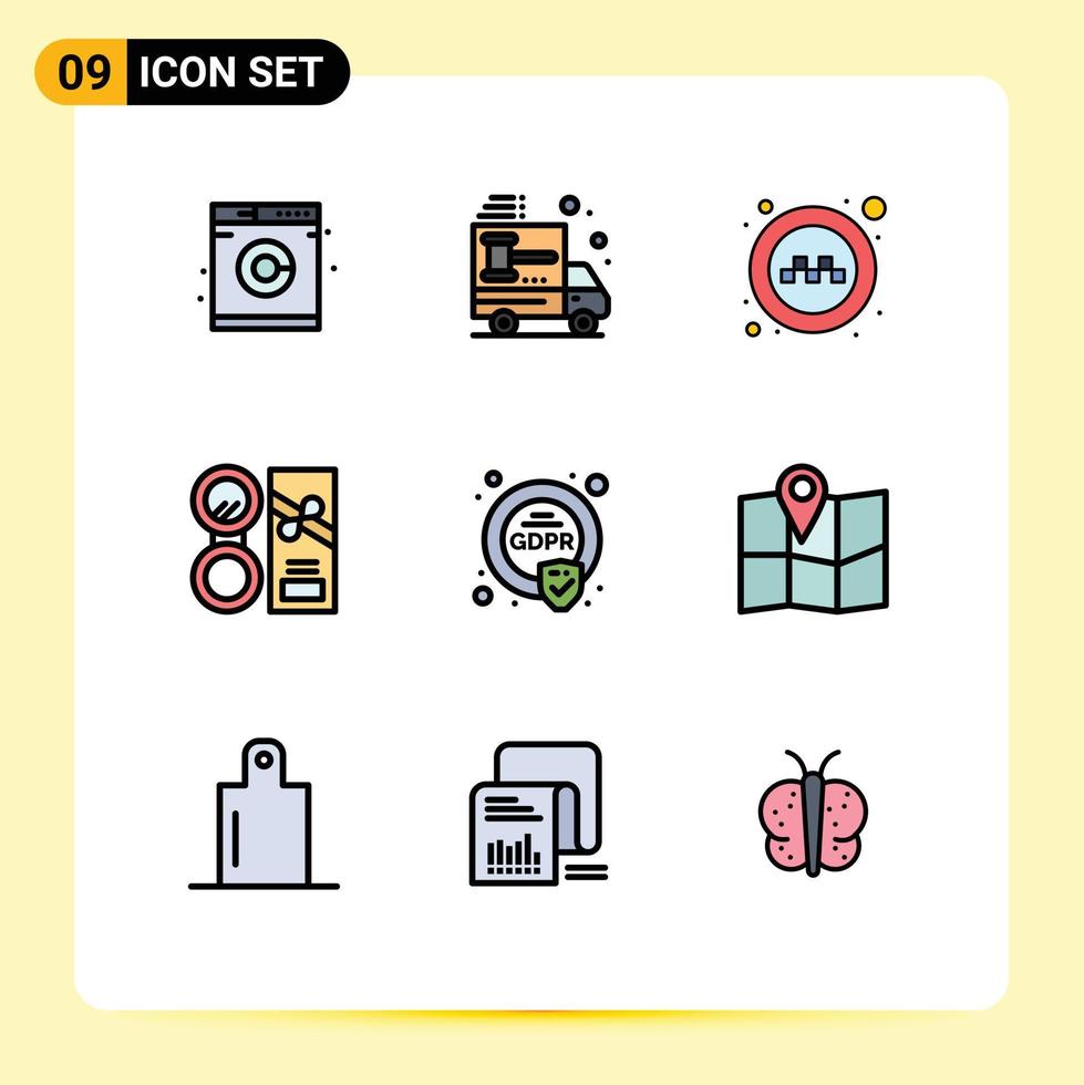 el paquete de color plano de línea de llenado de 9 símbolos universales de seguridad hace que los cosméticos públicos formen elementos de diseño vectorial editables vector