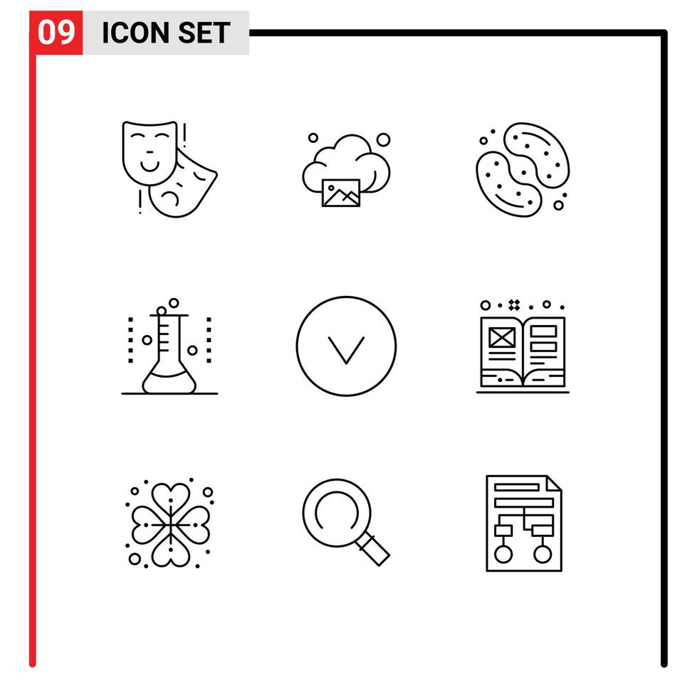 conjunto de pictogramas de 9 contornos simples de tubo de ensayo matraz de laboratorio caramelo erlenmeyer matraz jalea sido elementos de diseño vectorial editables vector