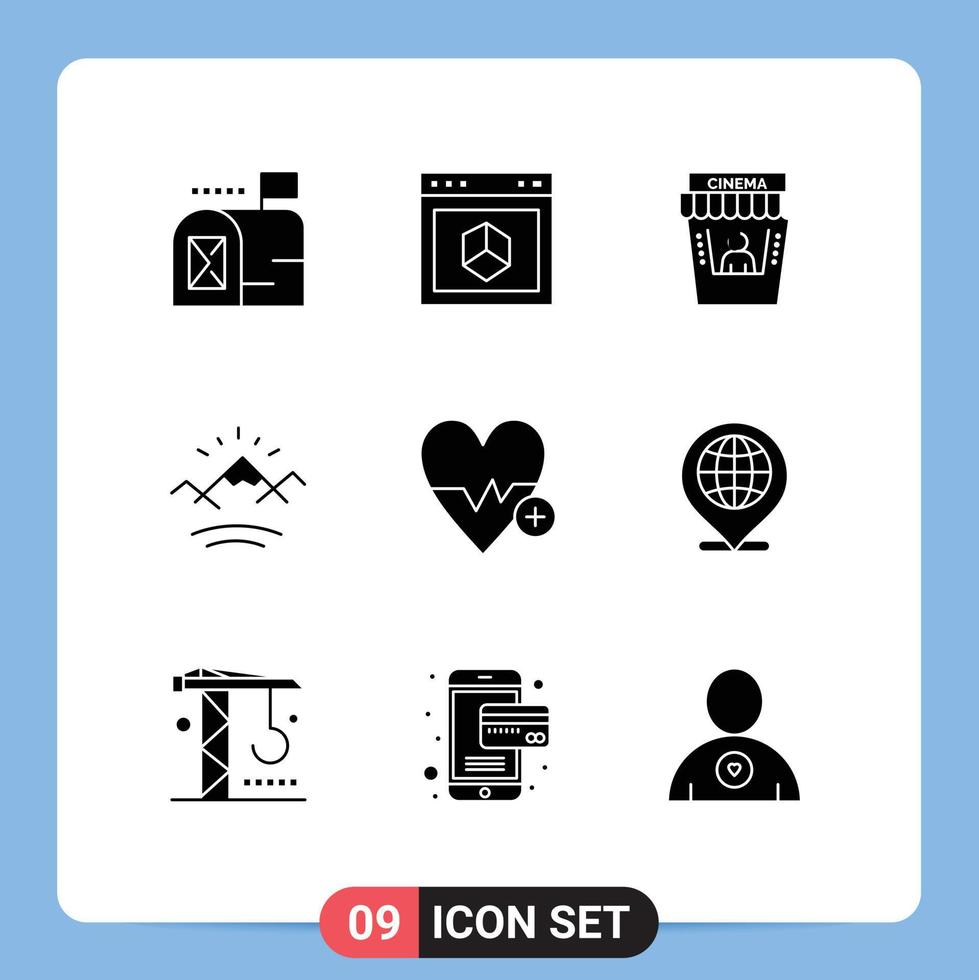 Pack of 9 Modern Solid Glyphs Signs and Symbols for Web Print Media such as heart beat canada cinema sun mountains Editable Vector Design Elements