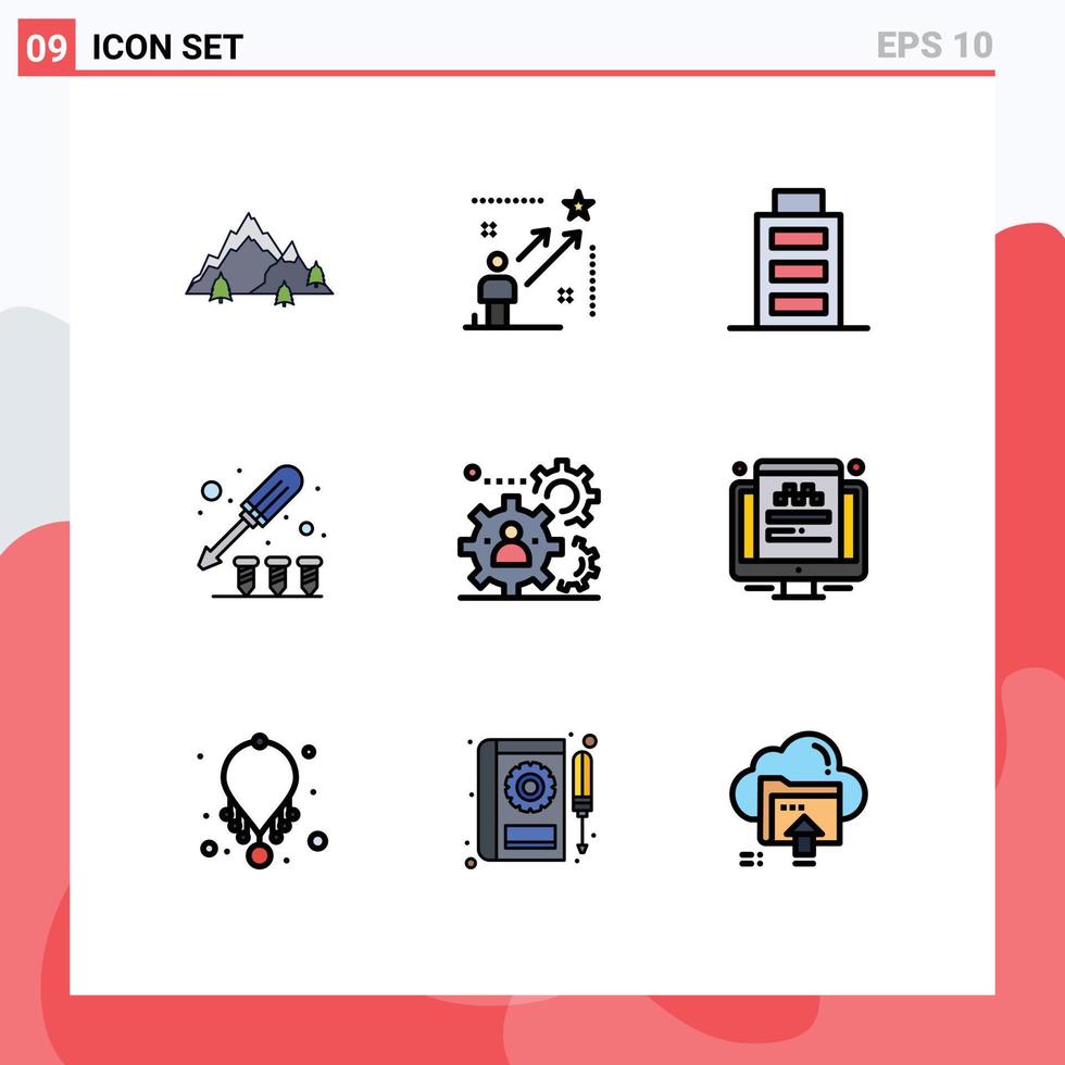User Interface Pack of 9 Basic Filledline Flat Colors of human tool arrow screw user Editable Vector Design Elements