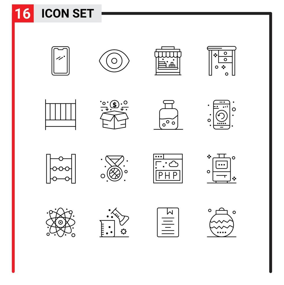 Set of 16 Vector Outlines on Grid for bedroom working desk science office desk desk Editable Vector Design Elements