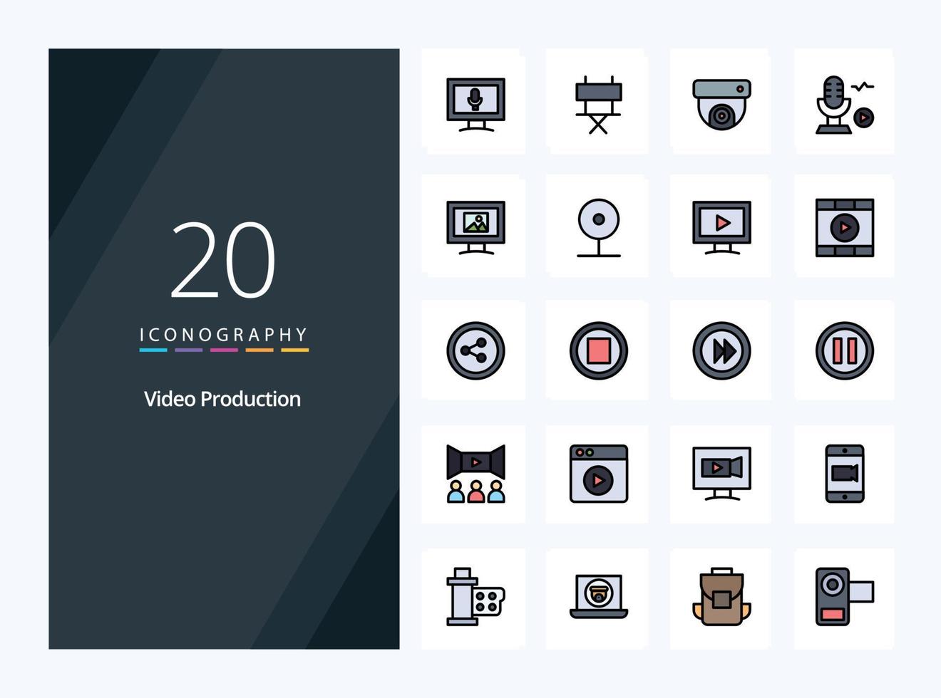 20 Video Production line Filled icon for presentation vector