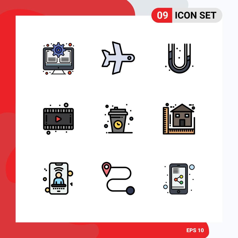 Modern Set of 9 Filledline Flat Colors Pictograph of coffee break break mechanical video film Editable Vector Design Elements