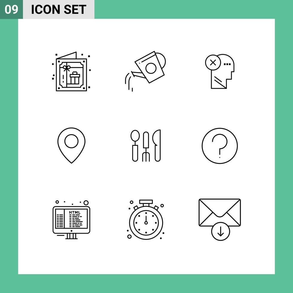 User Interface Pack of 9 Basic Outlines of location thinking water mind human Editable Vector Design Elements