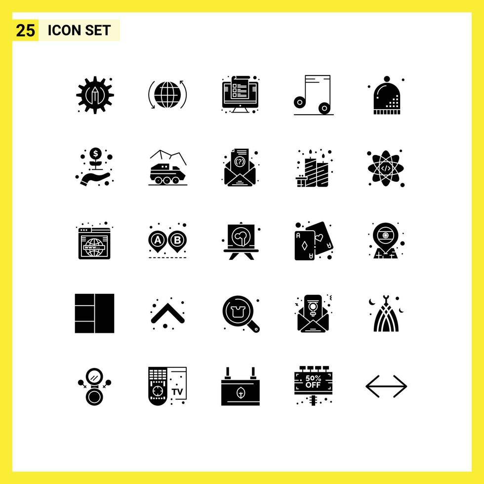 conjunto moderno de 25 pictogramas de glifos sólidos de dispositivos de celebración de sombrero elementos de diseño vectorial editables de música escolar vector