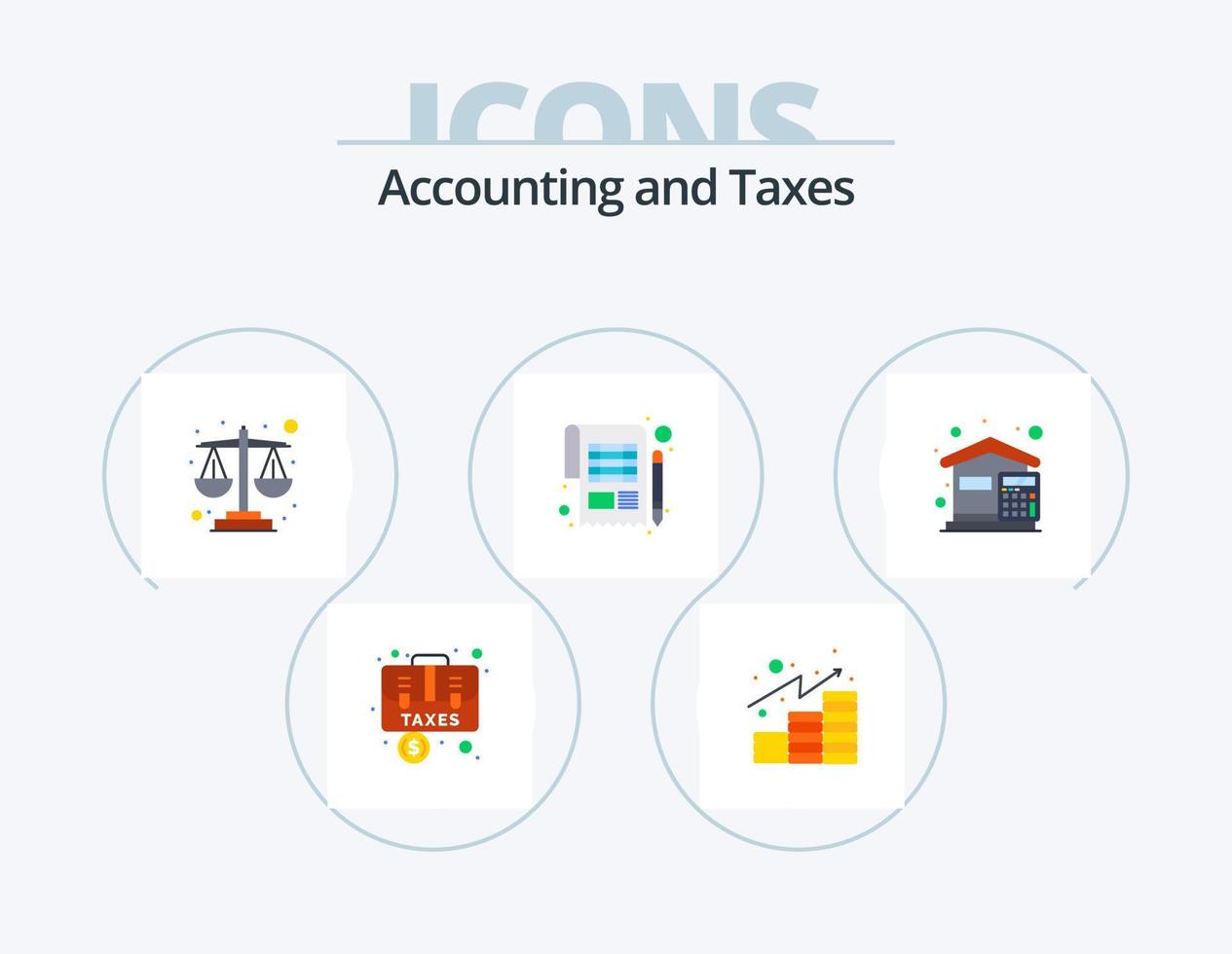 Taxes Flat Icon Pack 5 Icon Design. bills. sheet. investments. payment. accounting vector