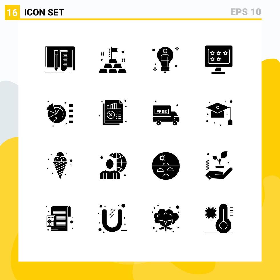 Mobile Interface Solid Glyph Set of 16 Pictograms of chart rate bulb monitor male Editable Vector Design Elements