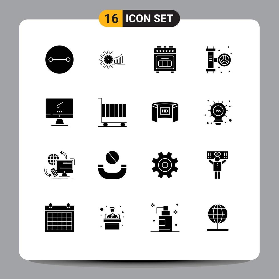 Group of 16 Solid Glyphs Signs and Symbols for system plumber time mechanical baking oven Editable Vector Design Elements