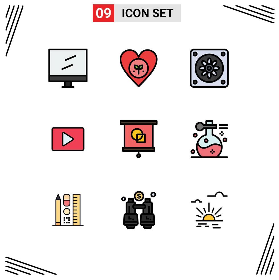 Filledline Flat Color Pack of 9 Universal Symbols of school education cooler device video Editable Vector Design Elements