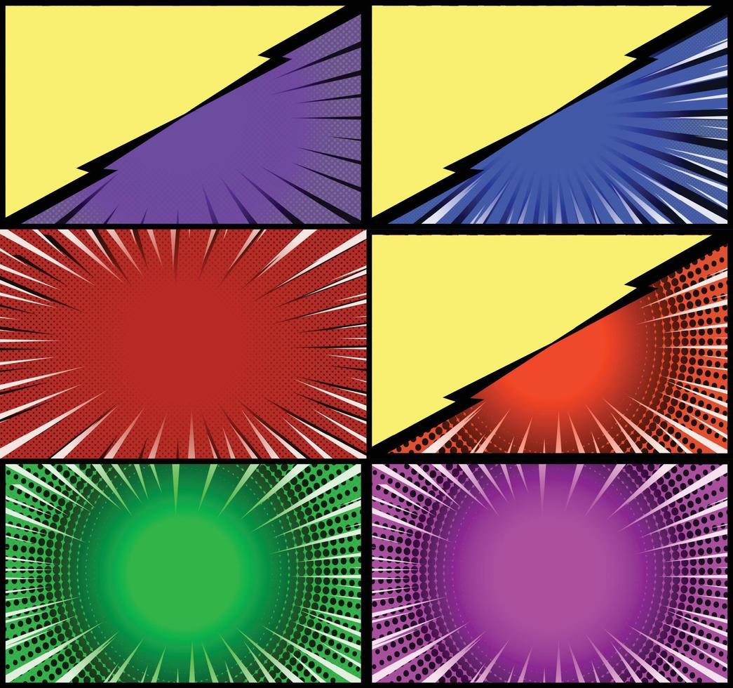 Comic book colorful frames background with halftone rays radial and dotted effects pop art style vector