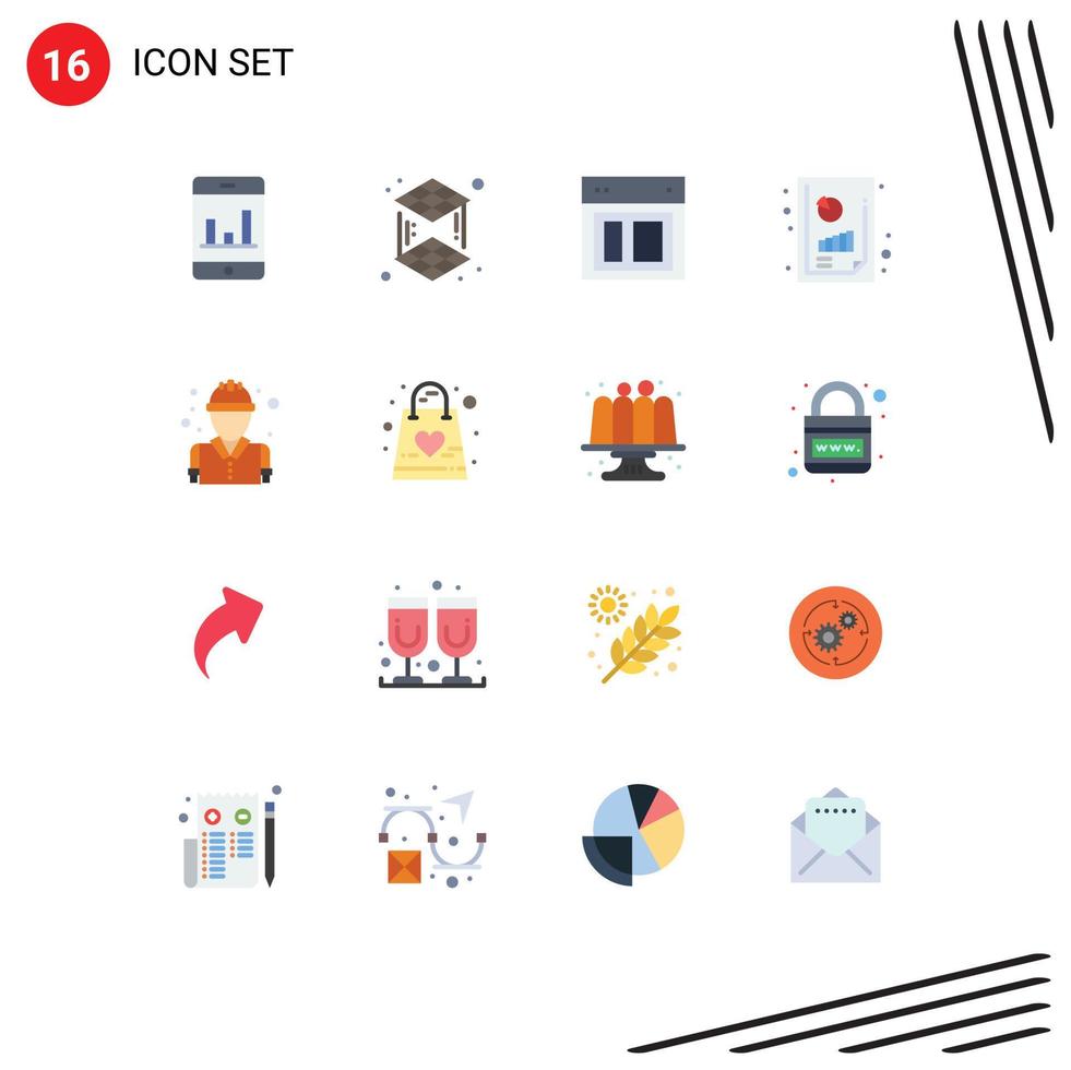 16 símbolos universales de signos de color plano de análisis de gráfico de sitio de combatiente de bombero paquete editable de elementos de diseño de vectores creativos rendimiento financiero