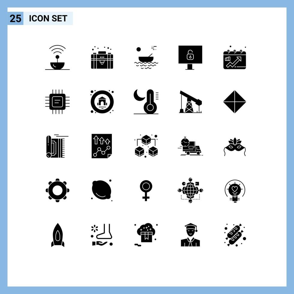 Solid Glyph Pack of 25 Universal Symbols of calendar lock private computer river Editable Vector Design Elements