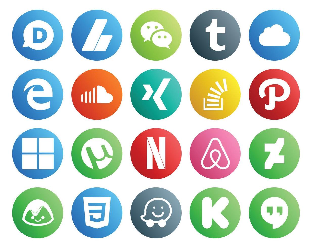 Paquete de 20 íconos de redes sociales que incluye Microsoft Overflow SoundCloud Stock Stock Overflow vector