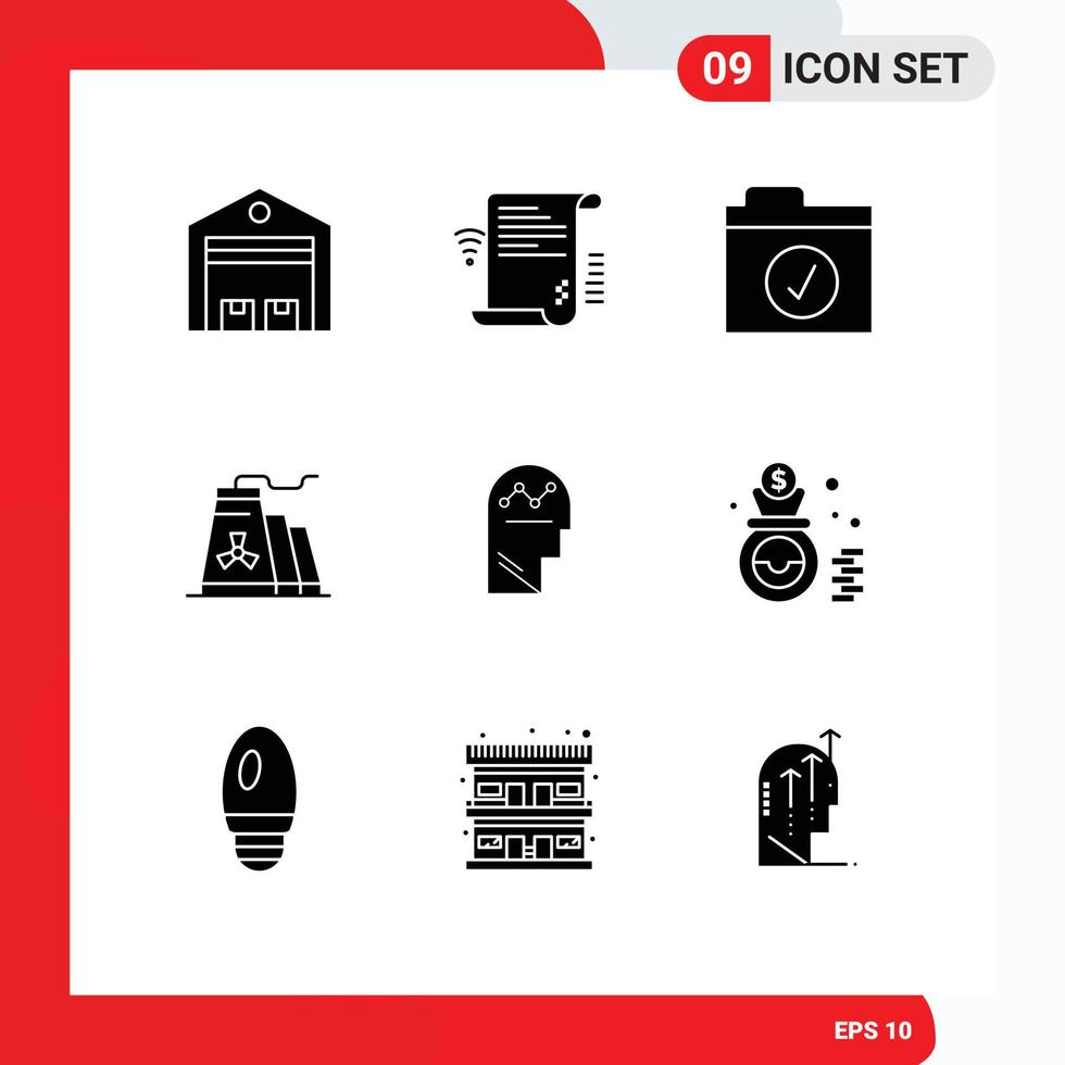 9 User Interface Solid Glyph Pack of modern Signs and Symbols of user factory wifi construction selected Editable Vector Design Elements