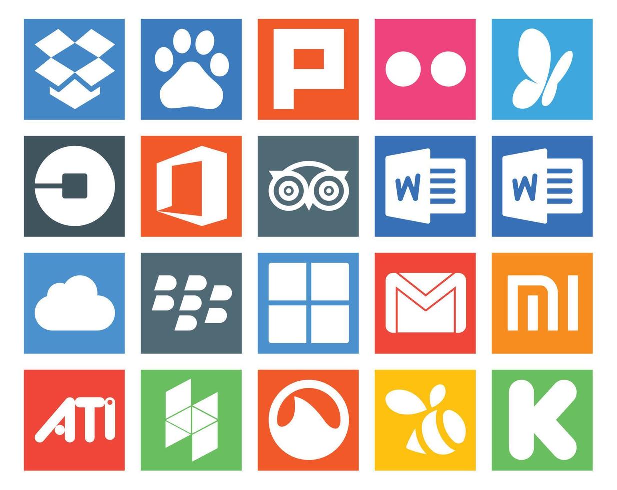 paquete de 20 íconos de redes sociales que incluye correo gmail office microsoft icloud vector