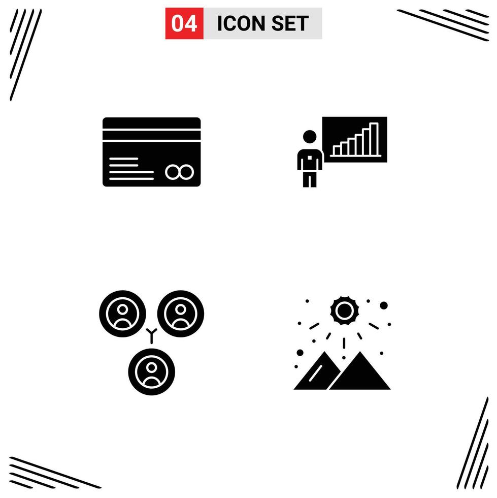 4 Universal Solid Glyphs Set for Web and Mobile Applications card connections payments chart social Editable Vector Design Elements