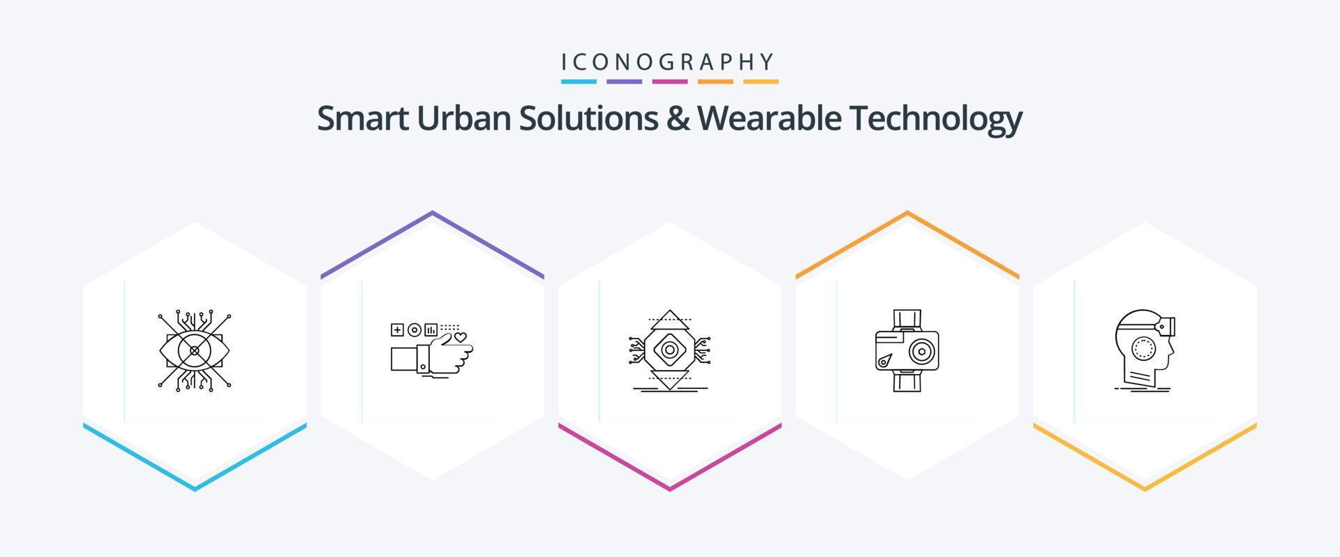 soluciones urbanas inteligentes y paquete de iconos de 25 líneas de tecnología portátil, incluido digital. cámara. corazón. concepto. ubicuo vector