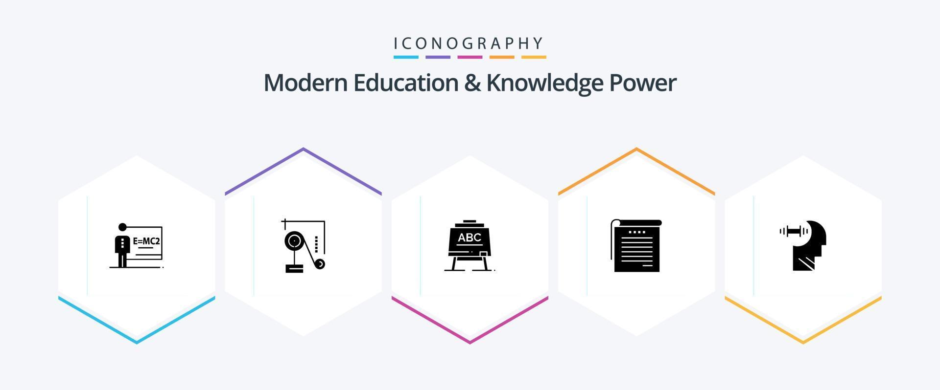 Modern Education And Knowledge Power 25 Glyph icon pack including brian . student notes. learining. books . student vector