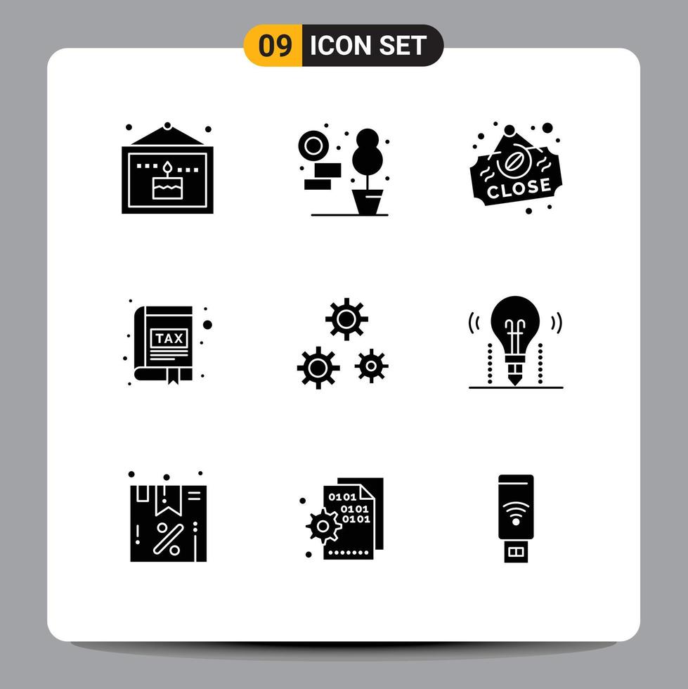 Mobile Interface Solid Glyph Set of 9 Pictograms of gears tax board interface book Editable Vector Design Elements