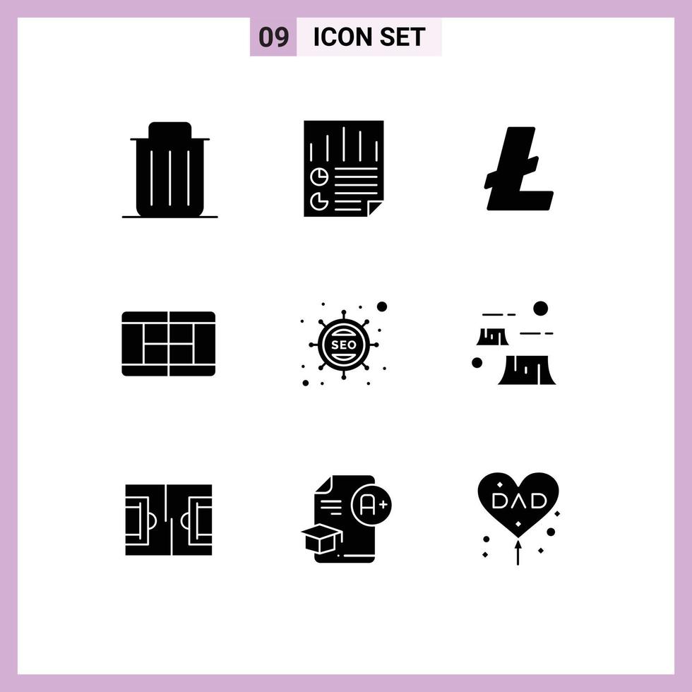 Group of 9 Solid Glyphs Signs and Symbols for optimization tennis report court lite coin Editable Vector Design Elements