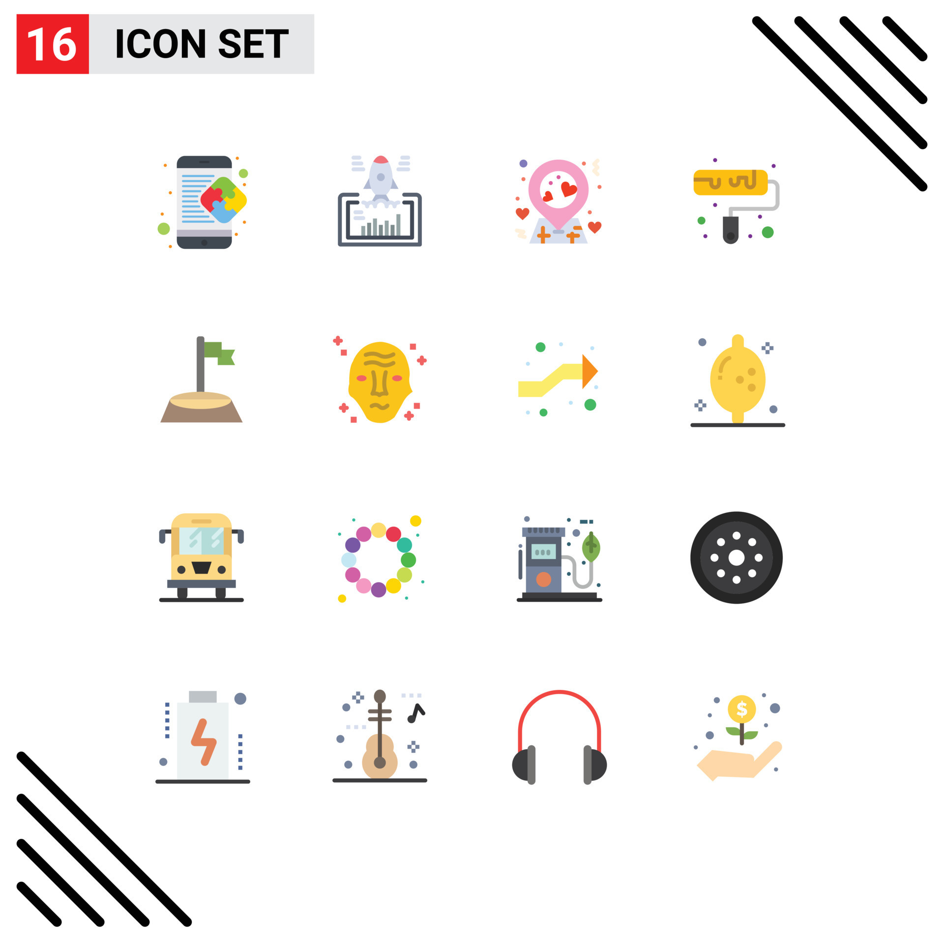 Flat Color Pack of 16 Universal Symbols of flag roller startup paint