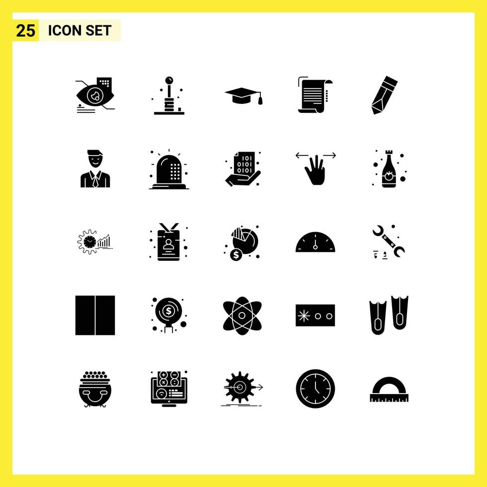 25 Universal Solid Glyph Signs Symbols of achievement paper recreation note document Editable Vector Design Elements