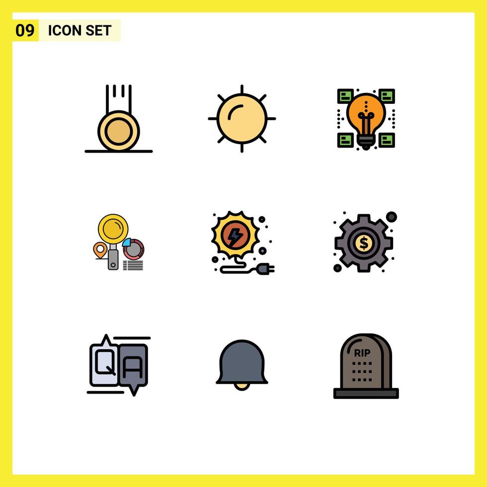 Group of 9 Modern Filledline Flat Colors Set for power electricity ideas graph location Editable Vector Design Elements