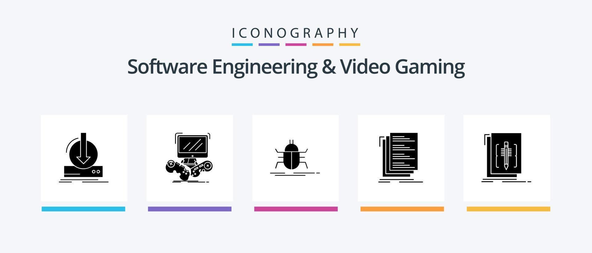 Software Engineering And Video Gaming Glyph 5 Icon Pack Including compile. code. multiplayer. virus. insect. Creative Icons Design vector