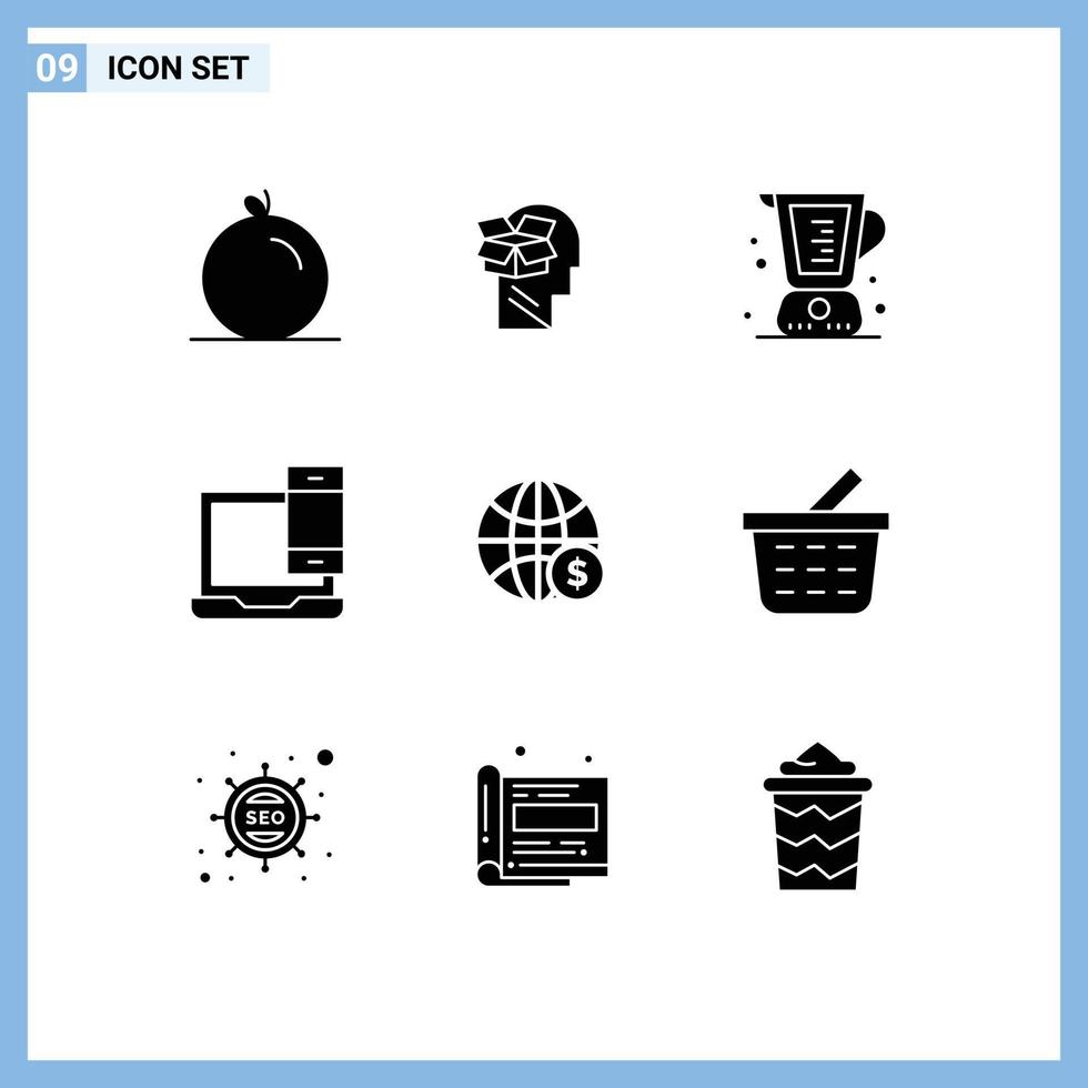 Set of 9 Commercial Solid Glyphs pack for phone laptop baked devices measuring Editable Vector Design Elements