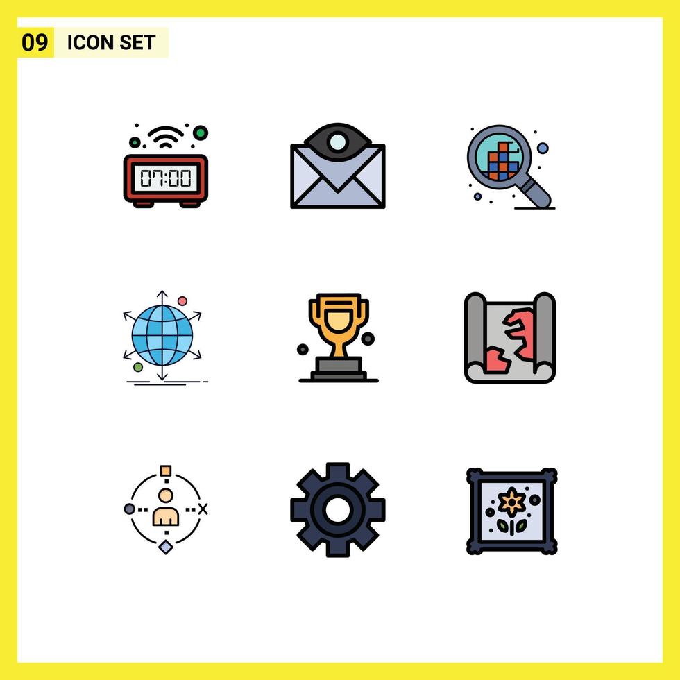 Pack of 9 Modern Filledline Flat Colors Signs and Symbols for Web Print Media such as award network inbox net business Editable Vector Design Elements