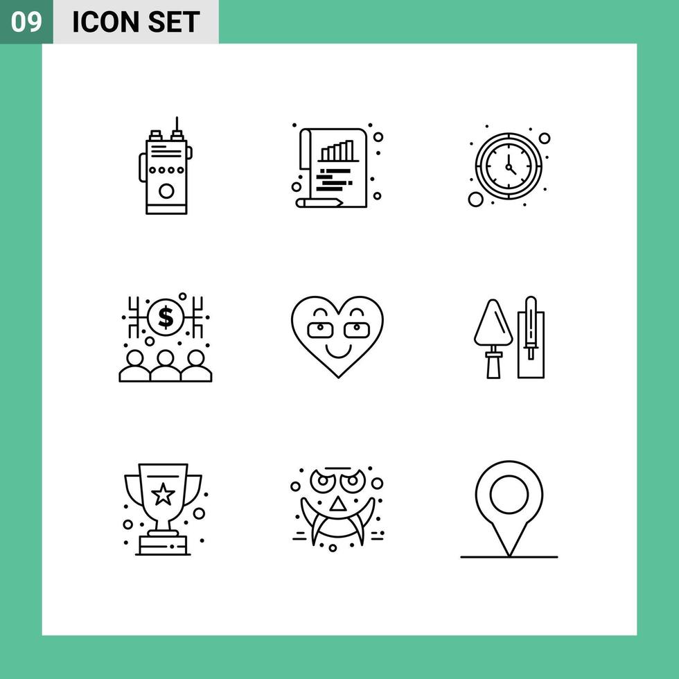 Group of 9 Outlines Signs and Symbols for emoji economist paper capitalist watch Editable Vector Design Elements
